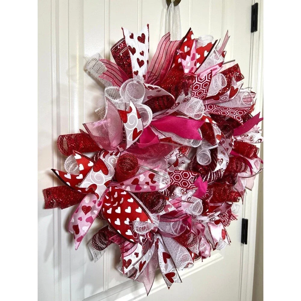 Handmade 22” Valentine’s Day Ribbon Mesh Wreath Hearts in Red & Pink w22